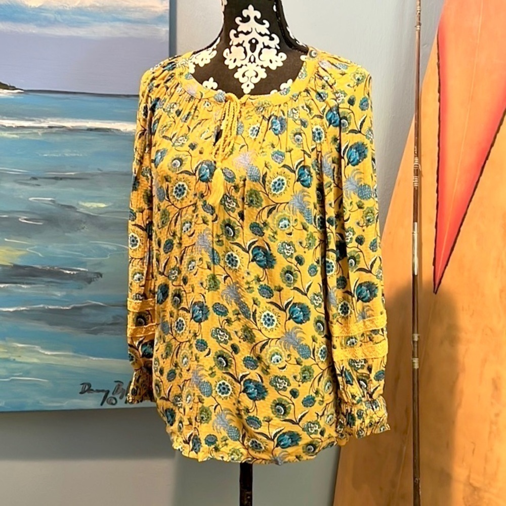 ⭐️Anthro’s Jane & Delancey, Yellow Pineapple Floral Top,Super Soft, Pull-Over, M - Picture 2 of 13